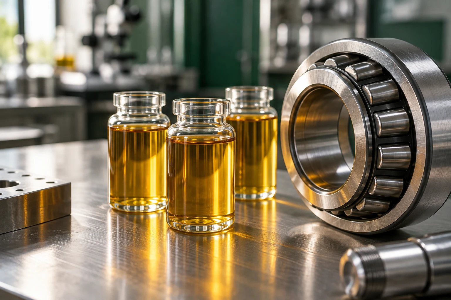 Illustrative still life of amber lubricant sample vials and a precision steel bearing
